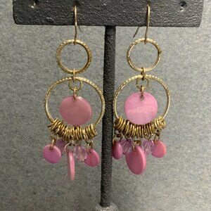 Shell Dangle Pierced Earrings 2.25 In Purple Circle Silver Beach Retro Vintage